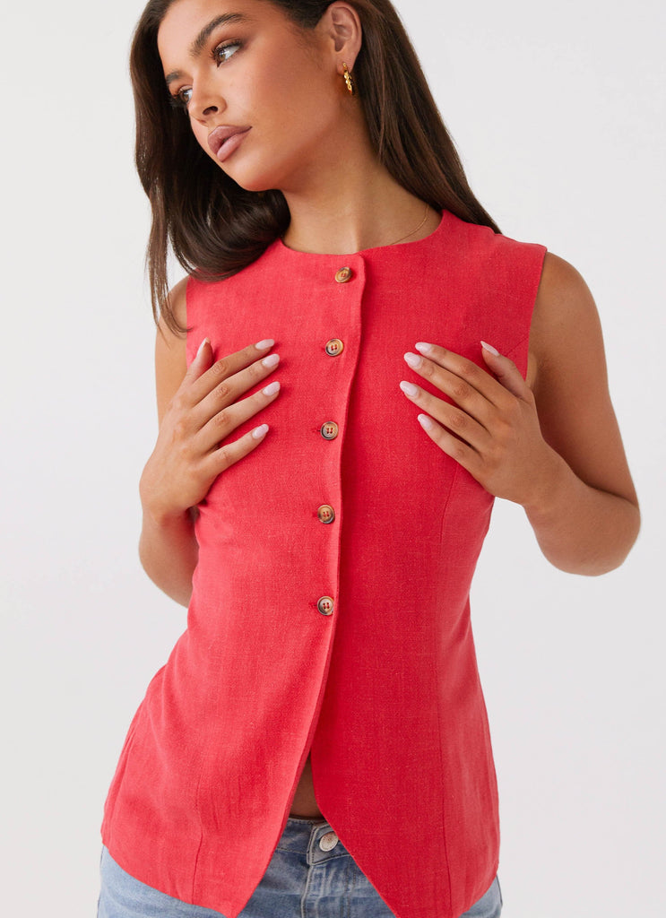 Womens Born For Bordeaux Linen Vest in the colour Poppy Red in front of a light grey background