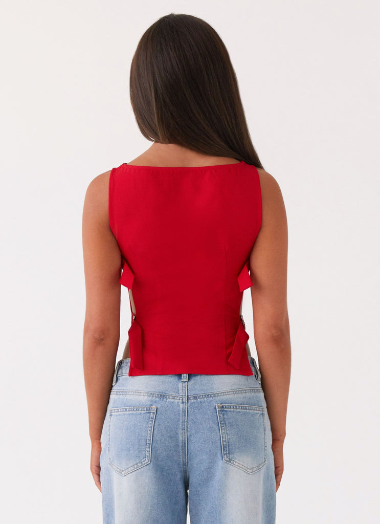 Womens Cherish You Buckle Top in the colour Red in front of a light grey background