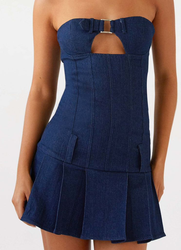 Womens Case Closed Mini Dress in the colour Dark Indigo in front of a light grey background