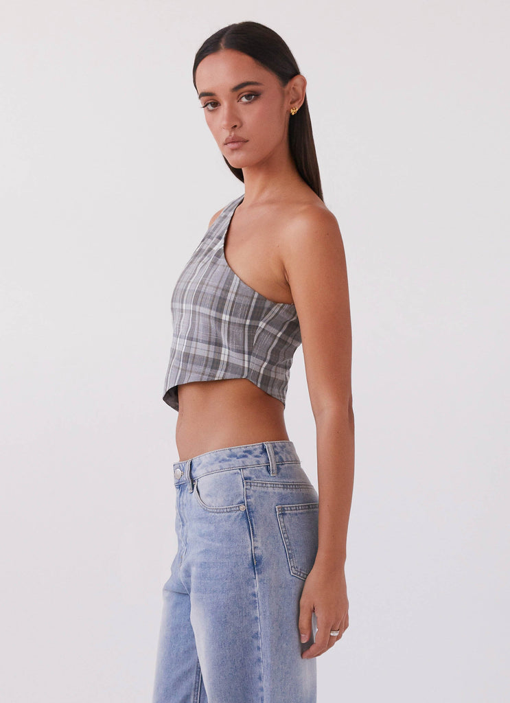 Womens Got Me Started One Shoulder Top in the colour Grey Plaid in front of a light grey background