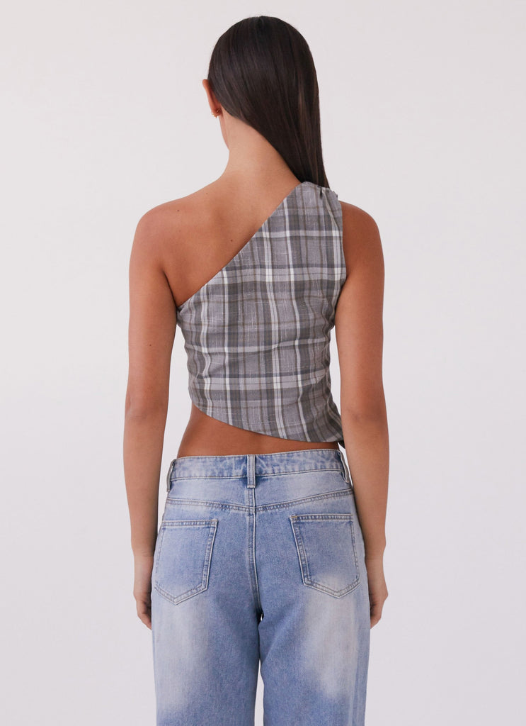 Womens Got Me Started One Shoulder Top in the colour Grey Plaid in front of a light grey background