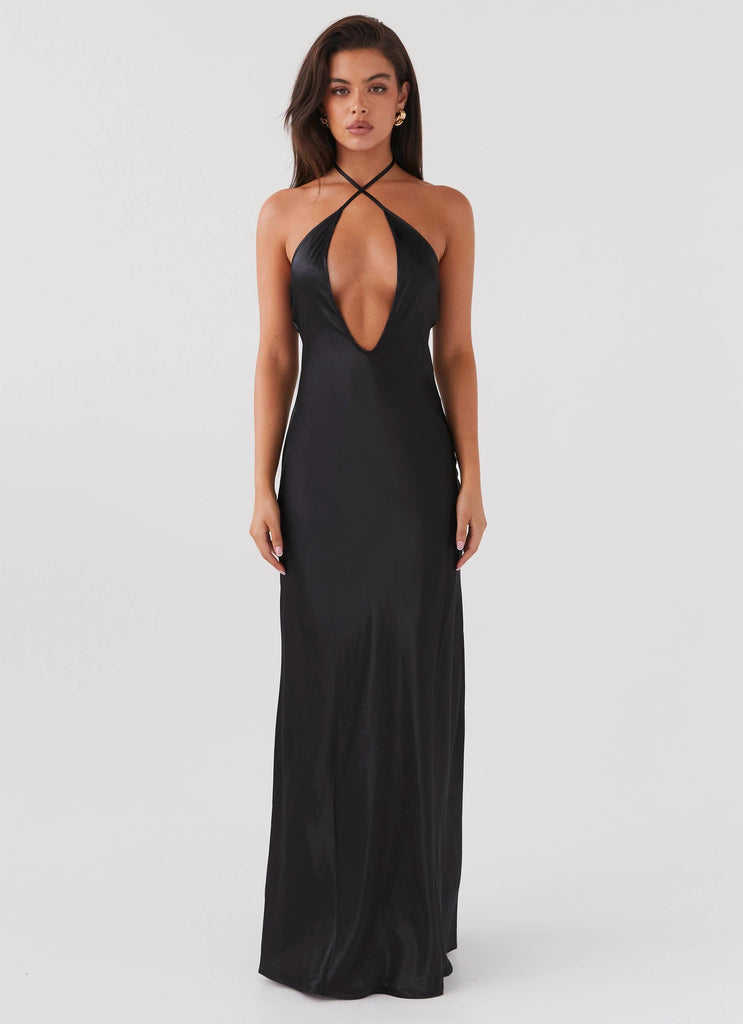 Womens Noir Symphony Maxi Dress in the colour Black in front of a light grey background