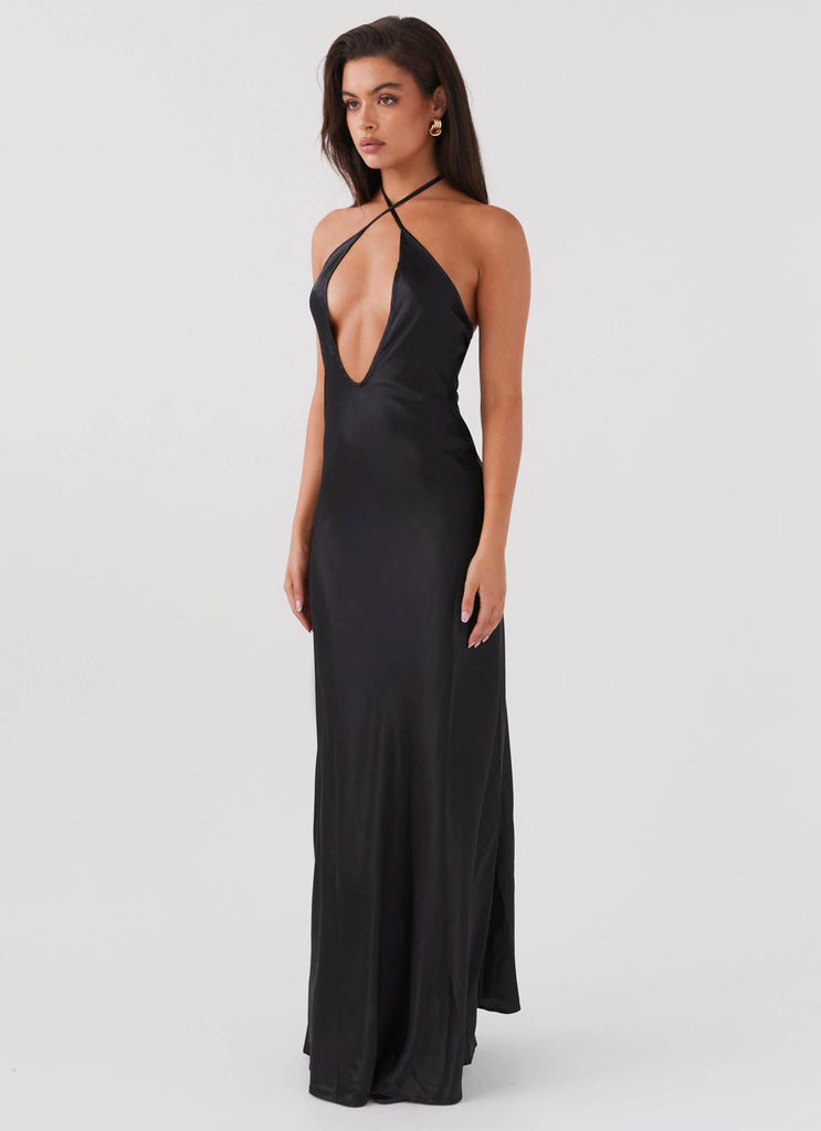 Womens Noir Symphony Maxi Dress in the colour Black in front of a light grey background