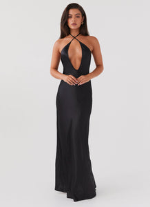 Womens Noir Symphony Maxi Dress in the colour Black in front of a light grey background