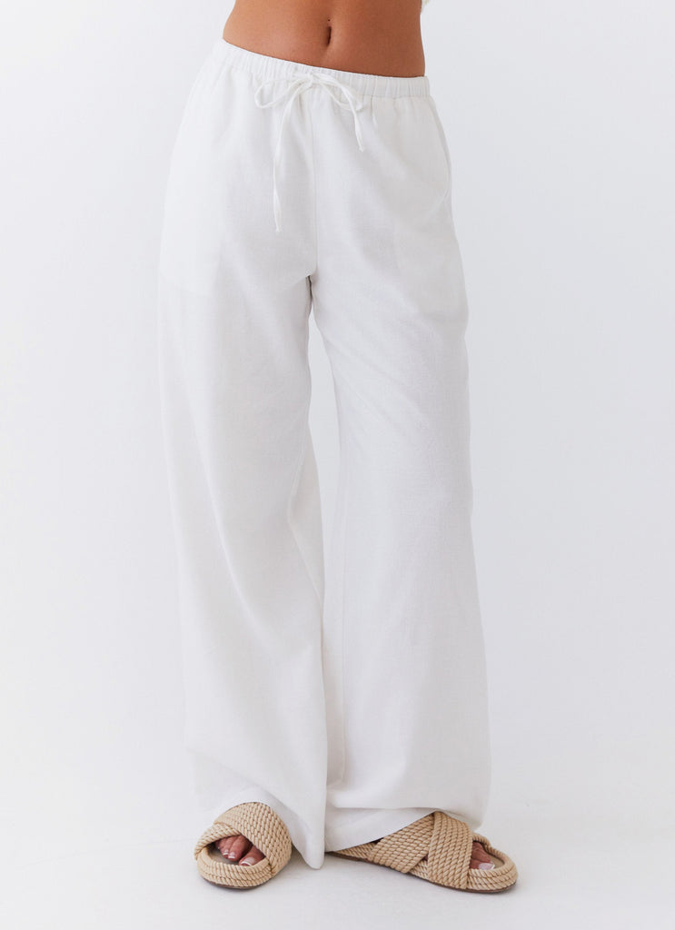 Womens Fresh Face Linen Pants in the colour White in front of a light grey background