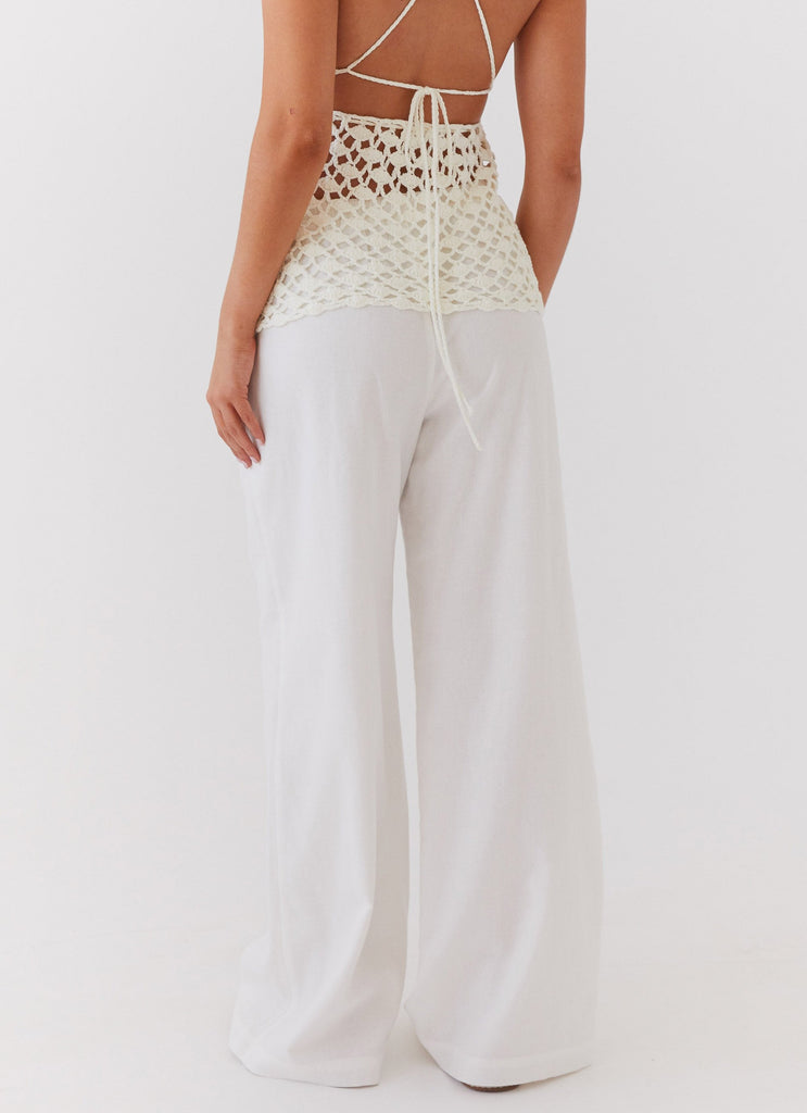 Womens Fresh Face Linen Pants in the colour White in front of a light grey background