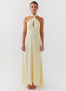 Womens Adrienne Linen Maxi Dress in the colour Lemon in front of a light grey background