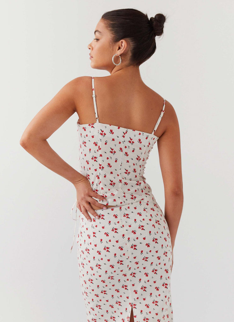 Womens Ariana Linen Bustier Top in the colour Poppy Floral in front of a light grey background