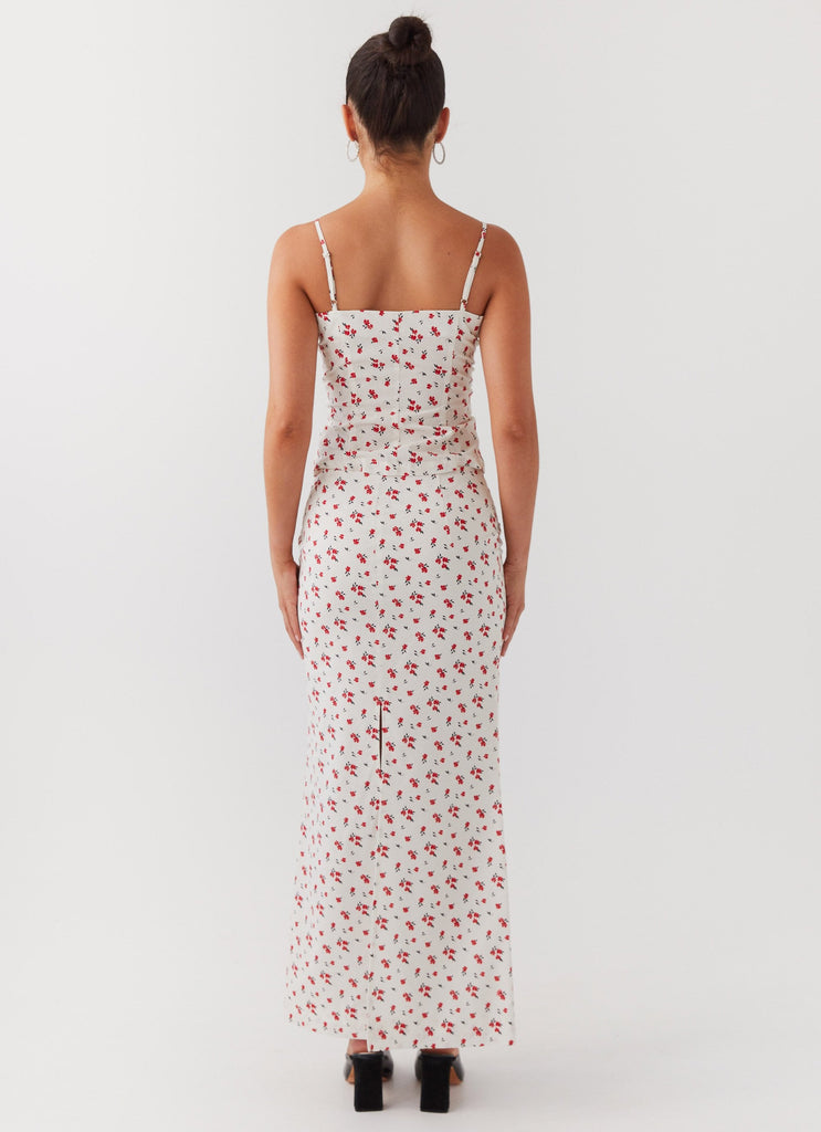 Womens Ariana Linen Maxi Skirt in the colour Poppy Floral in front of a light grey background