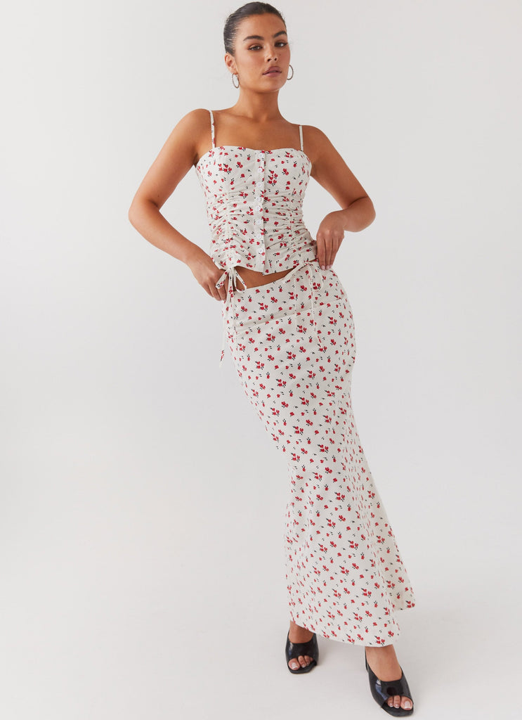 Womens Ariana Linen Maxi Skirt in the colour Poppy Floral in front of a light grey background