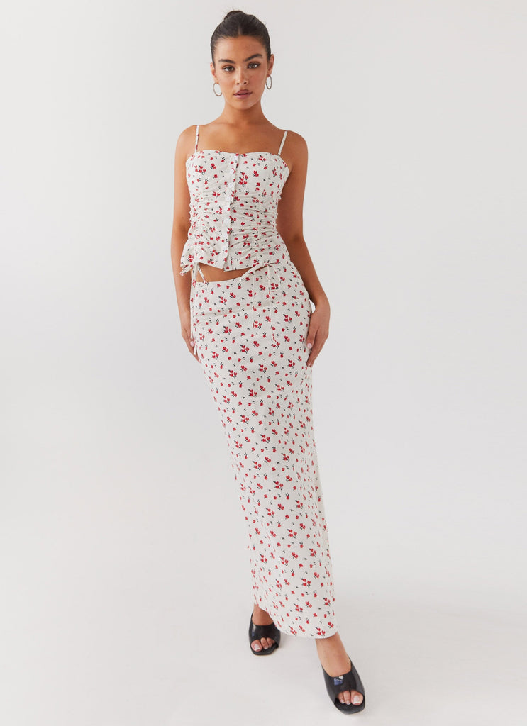 Womens Ariana Linen Maxi Skirt in the colour Poppy Floral in front of a light grey background