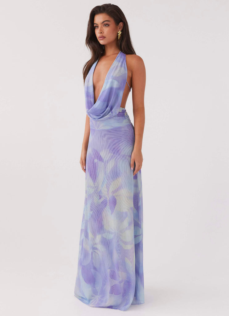 Womens Elysia Mesh Maxi Dress in the colour Purple Rain in front of a light grey background