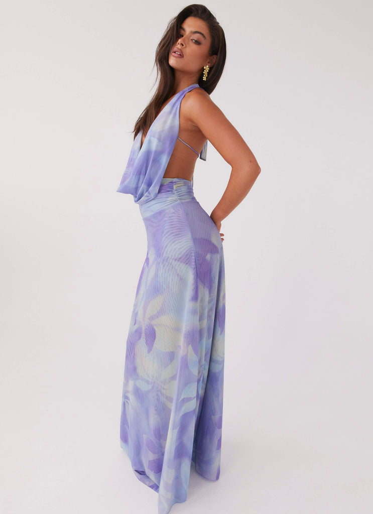 Womens Elysia Mesh Maxi Dress in the colour Purple Rain in front of a light grey background