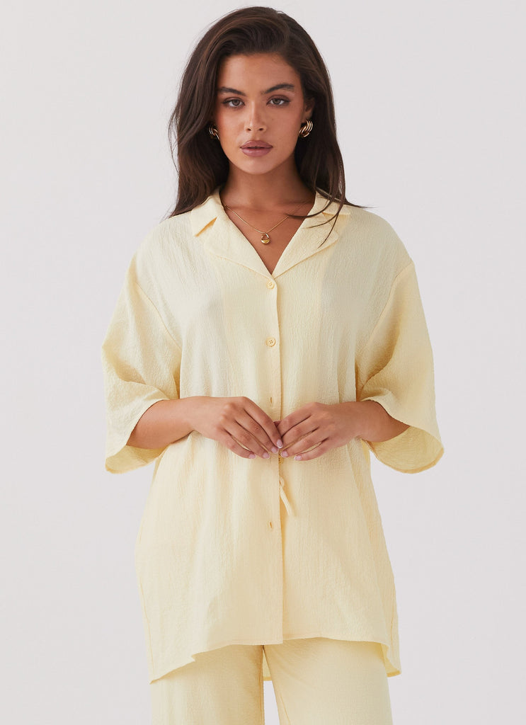 Womens The Good Days Shirt in the colour Lemon in front of a light grey background