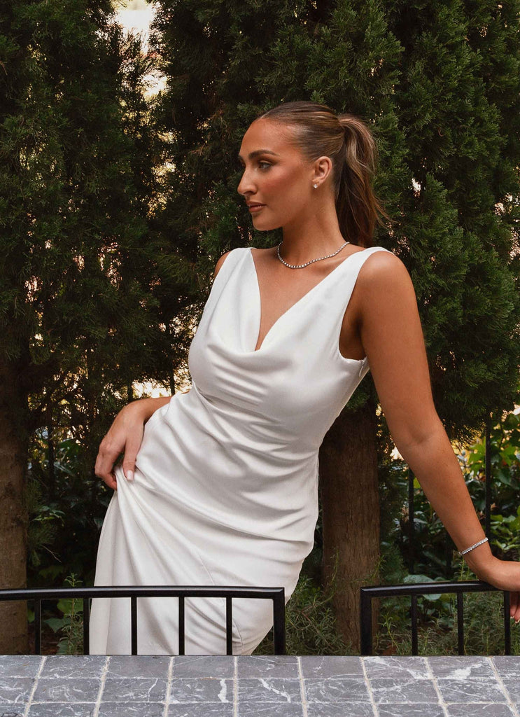 Womens Be Mine Satin Maxi Dress in the colour Pure White in front of a light grey background