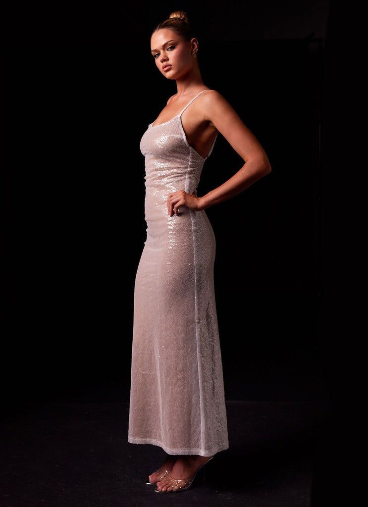 Womens Diva Darling Sequin Maxi Dress in the colour Frost in front of a light grey background