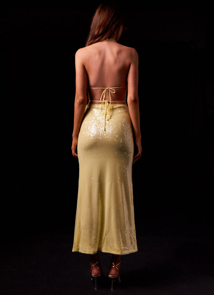 Womens Elara Sequin Maxi Dress in the colour Lemon Spritz in front of a light grey background