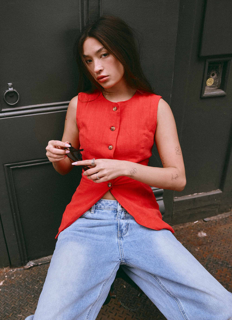 Womens Born For Bordeaux Linen Vest in the colour Poppy Red in front of a light grey background