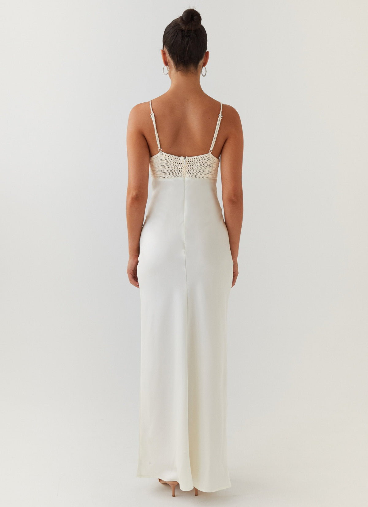 Womens Perfect World Satin Maxi Dress in the colour Pearl Dove in front of a light grey background