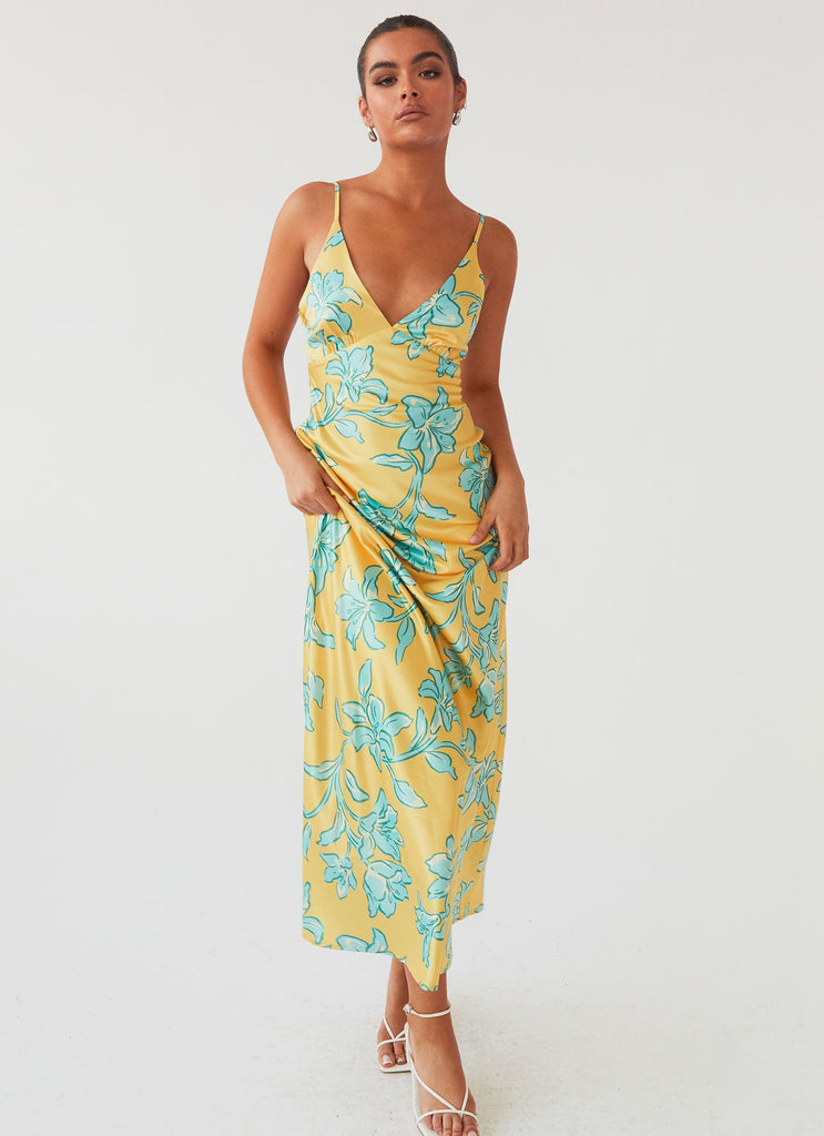 Womens Sorrento Sun Maxi Dress in the colour Golden Bloom in front of a light grey background