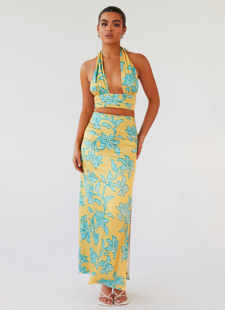 Womens Amalia Wrap Crop Top in the colour Golden Bloom in front of a light grey background