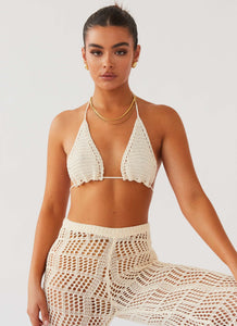 Womens Cabo Paradise Crochet Bra Top in the colour Natural in front of a light grey background