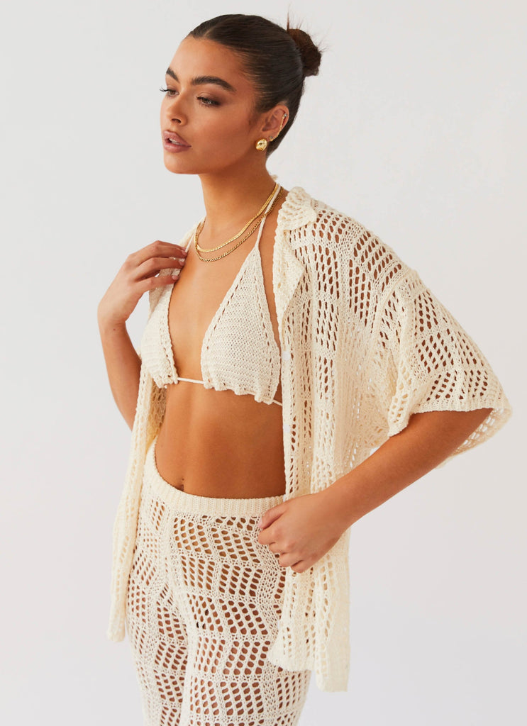 Womens Cabo Paradise Crochet Shirt in the colour Natural in front of a light grey background