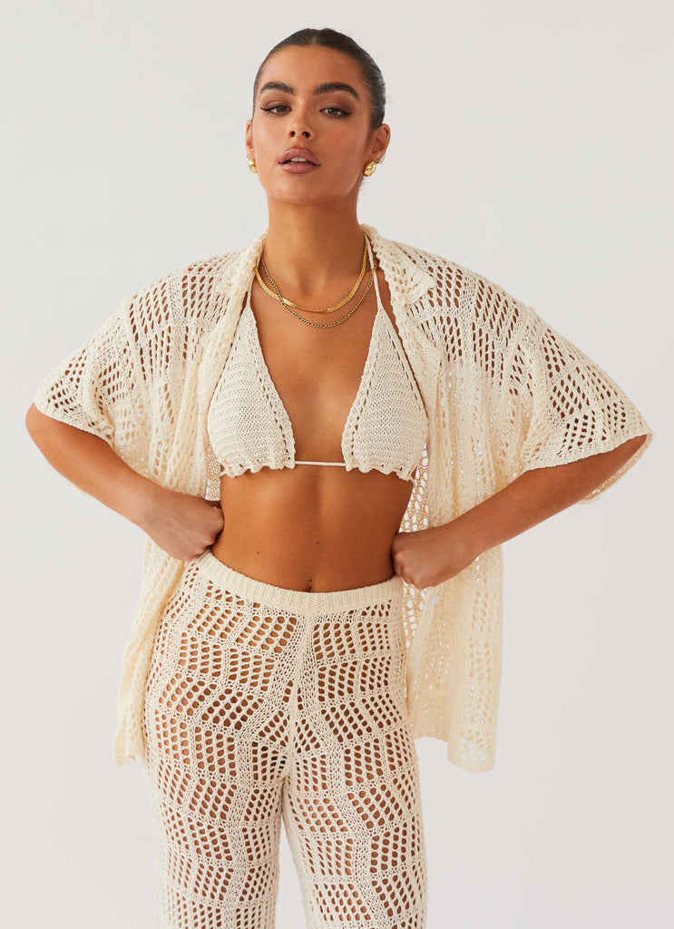 Womens Cabo Paradise Crochet Shirt in the colour Natural in front of a light grey background