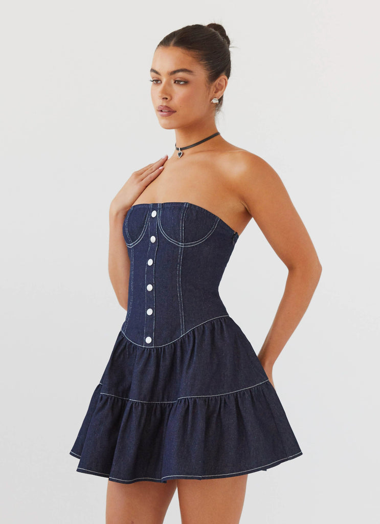 Womens Adriana Denim Bustier Dress in the colour Indigo in front of a light grey background