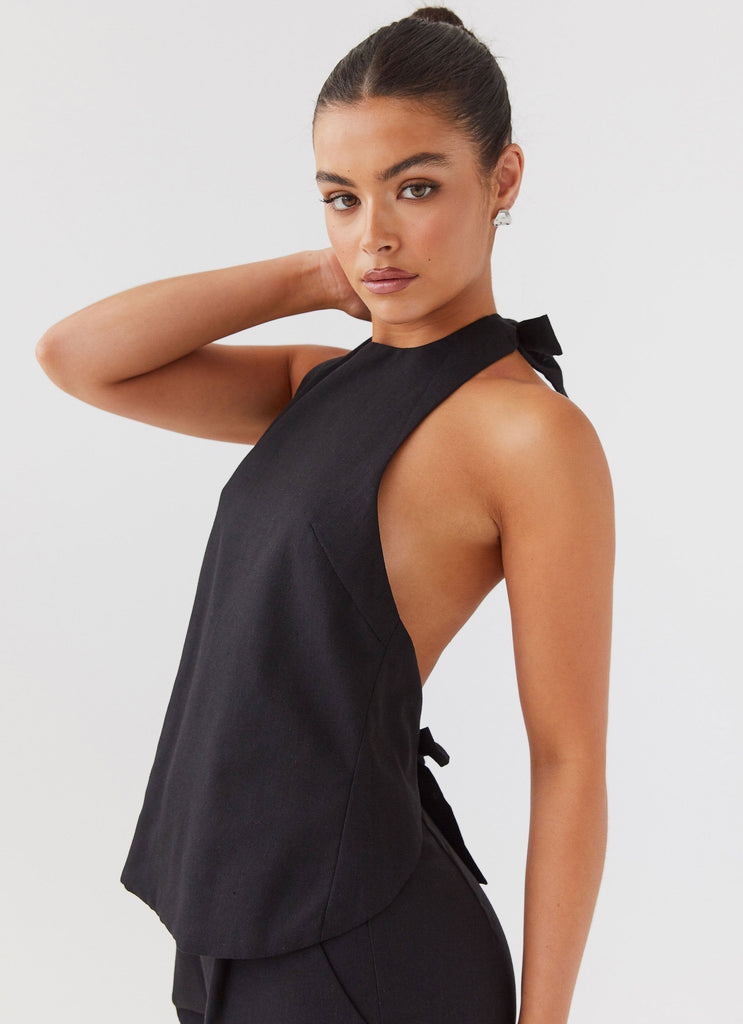 Womens Heatwave Linen Apron Top in the colour Black in front of a light grey background