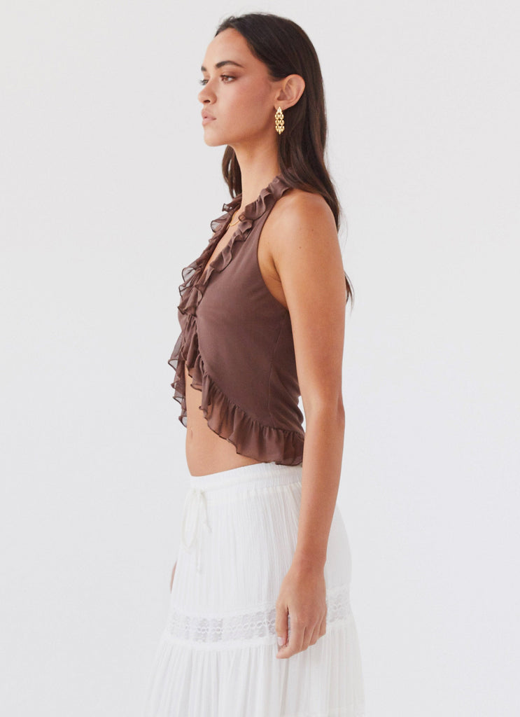 Womens Tanya Mesh Frill Top in the colour Chocolate in front of a light grey background