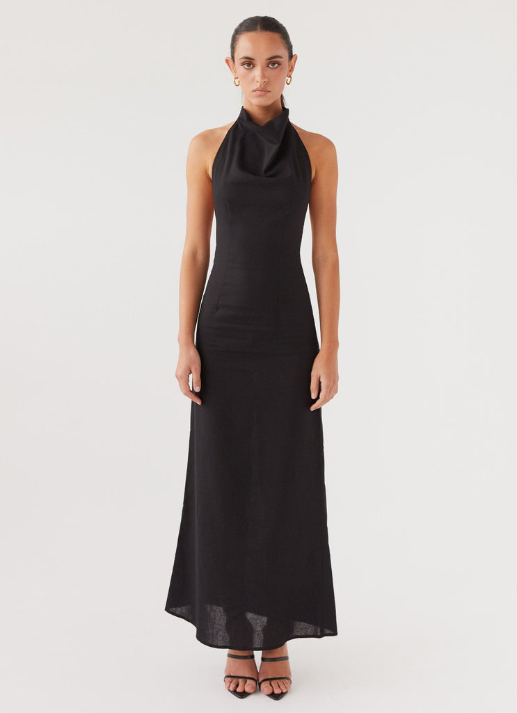 Womens Cartia Linen Maxi Dress in the colour Black in front of a light grey background