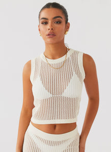 Womens Beach Club Crochet Tank Top in the colour White in front of a light grey background