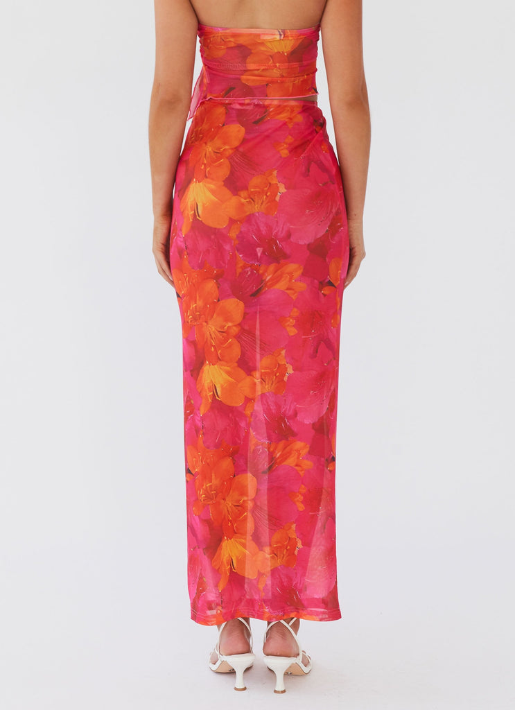 Womens Rooftop Party Mesh Maxi Skirt in the colour Floral Sun in front of a light grey background