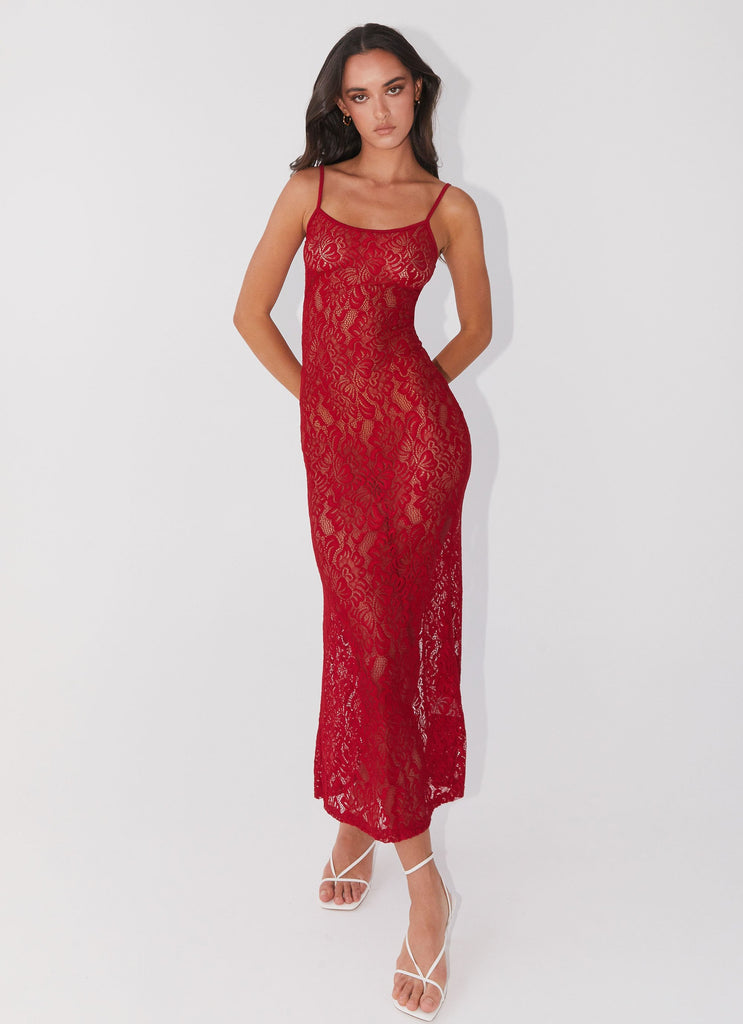 Womens Leona Lace Maxi Dress in the colour Red Rose in front of a light grey background