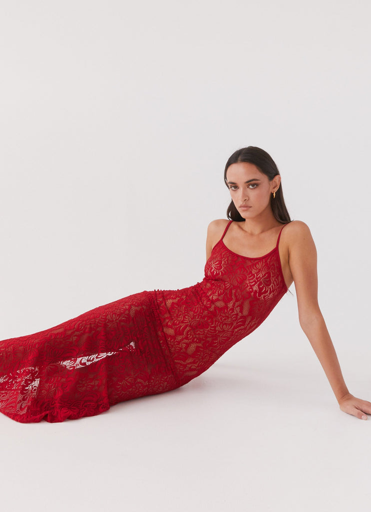 Womens Leona Lace Maxi Dress in the colour Red Rose in front of a light grey background