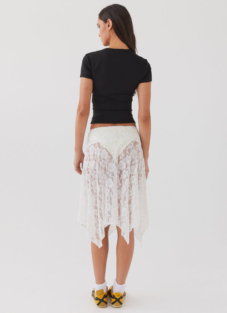 Womens Sweet Nothing Lace Midi Skirt in the colour White in front of a light grey background