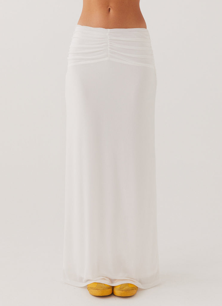 Womens Look At Me Maxi Skirt in the colour White in front of a light grey background