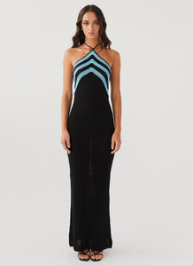 Womens Masterpiece Halterneck Crochet Maxi Dress in the colour Azure Stripe in front of a light grey background