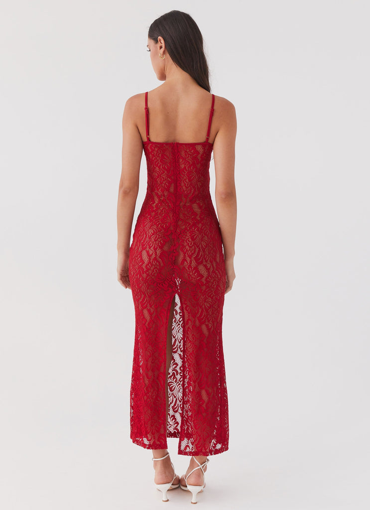 Womens Leona Lace Maxi Dress in the colour Red Rose in front of a light grey background