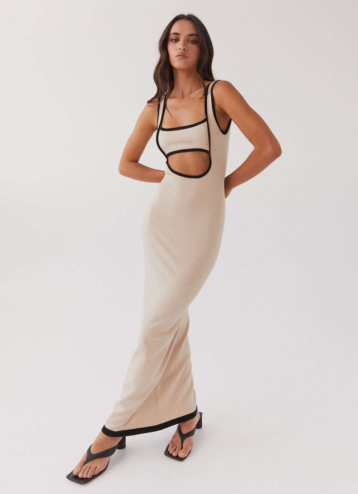 Womens Lost In Paris Knit Maxi Dress in the colour Tapioca in front of a light grey background