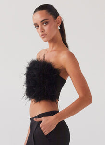 Womens The Night Is Ours Feather Crop Top in the colour Black in front of a light grey background