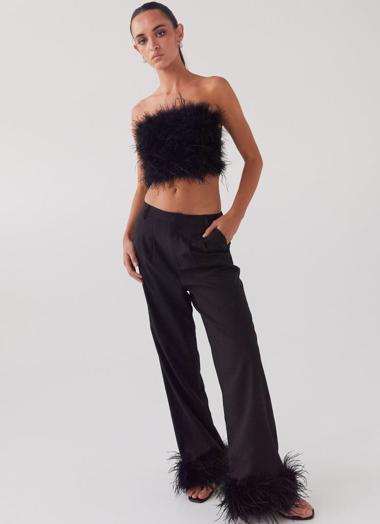 Womens The Night Is Ours Feather Crop Top in the colour Black in front of a light grey background