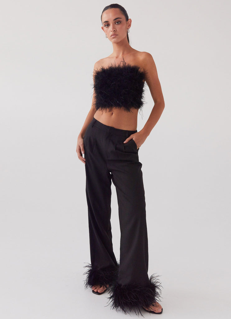 Womens Shake It Off Feather Pants in the colour Night in front of a light grey background