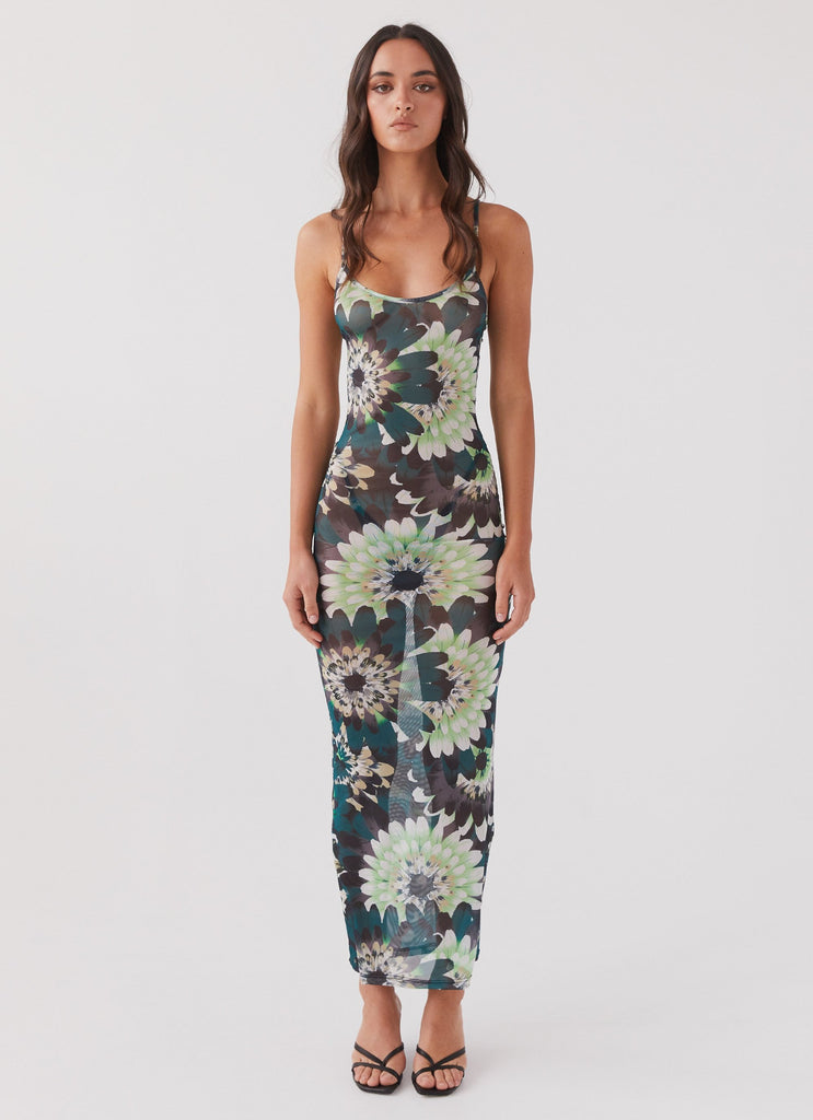 Womens Love On The Run Maxi Dress in the colour Jungle in front of a light grey background