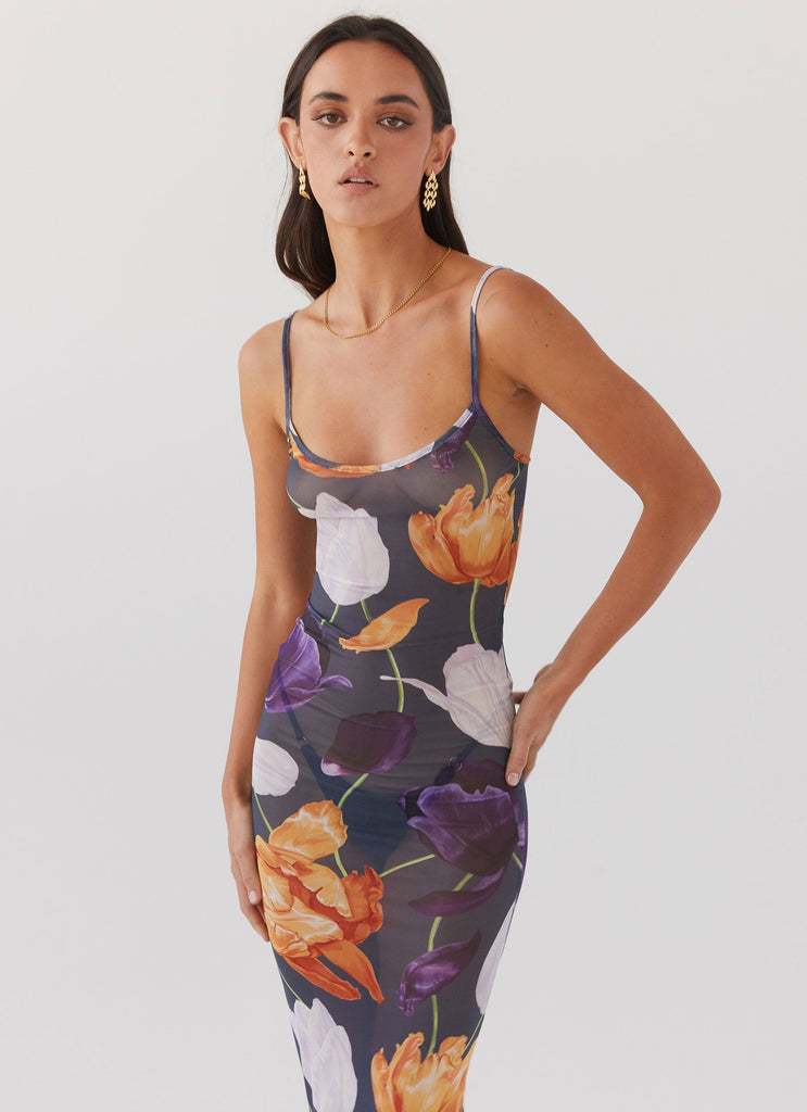 Womens Love On The Run Maxi Dress in the colour Botanical Eclipse in front of a light grey background