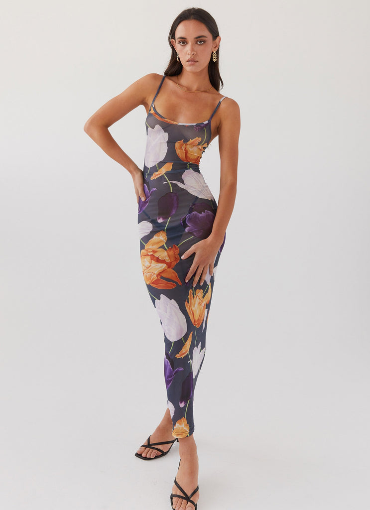 Womens Love On The Run Maxi Dress in the colour Botanical Eclipse in front of a light grey background