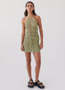 Womens Free Mind Crochet Mini Skirt in the colour Light Olive in front of a light grey background