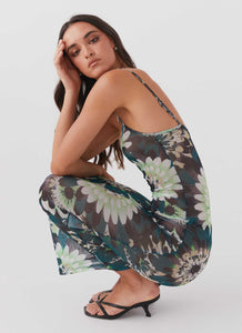 Womens Love On The Run Maxi Dress in the colour Jungle in front of a light grey background