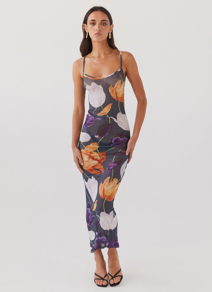 Womens Love On The Run Maxi Dress in the colour Botanical Eclipse in front of a light grey background